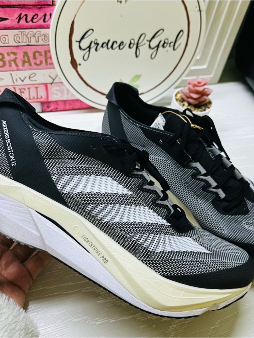 Size 10 adidas Adizero Boston 12 Running Shoes - Black, White & Cream